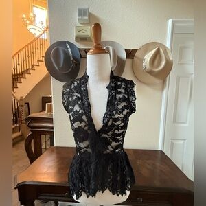 Robert Rodriguez Black Lace Peplum Top Size 4 Sheer V-Neck Boho Chic